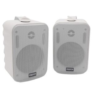 ÷ Altavoces 2.0 autoamplificados approx 15w por canal con soporte para colgar especificos para salas y