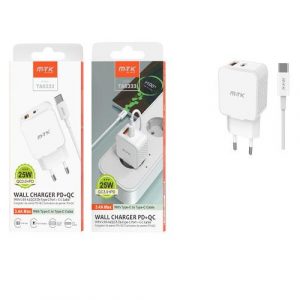 Cargador de red Usb + Type-C + Cable Type-C / 25W / Blanco / TA0333 / MTK
