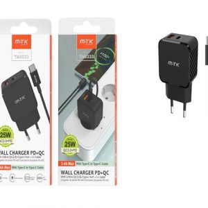 Cargador de red Usb + Type-C + Cable Type-C / 25W / Negro / TA0333 / MTK