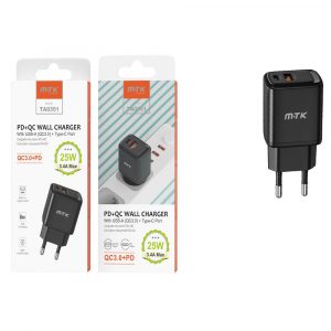 Cargador de red Usb QC3.0 + Type-C / 25W / Negro / TA0351 / 0053512 / MTK