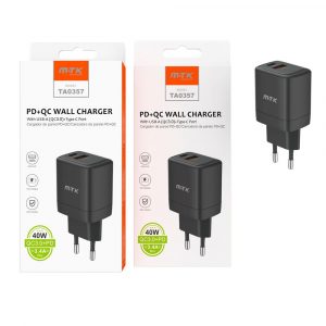 Cargador rápido de red Taylor Usb QC3.0 + Type-C / 40W / 3.4 A / Negro / TA0357 / MTK