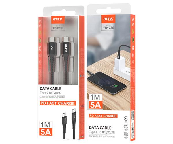 Cable datos Type-C M/M / 1m / 5a / Pd 25w max / Trenzado / TB1236 / Negro / Mtk - Imagen 2