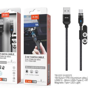 Cable datos 3 en 1 magnético (MicroUSB + Type-C + lightning) 1m / 2.4a / Negro / TB1237 / ONE+
