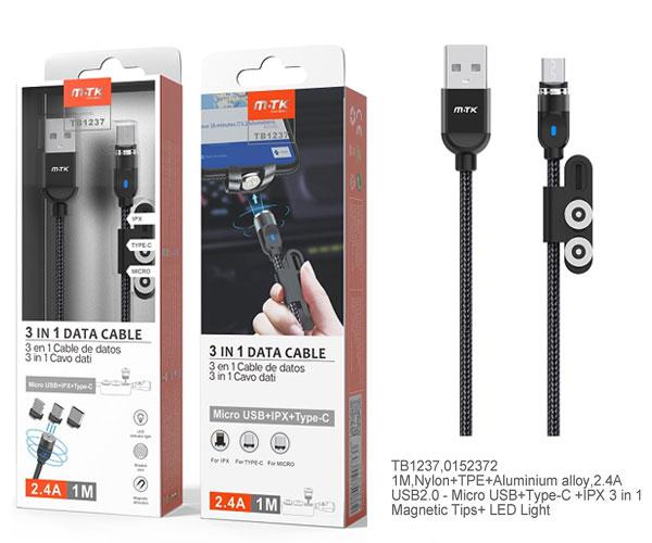 Cable datos 3 en 1 magnético (MicroUSB + Type-C + lightning) 1m / 2.4a / Negro / TB1237 / ONE+