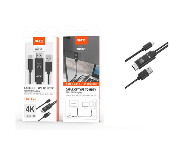 Cable adaptador Type-C a HDMI 4K + USB macho / TB1331 / 1.8m / Negro / Mtk