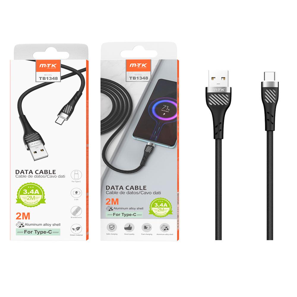 Cable datos USB 2.0 a Type-C / 2m / 3.4a / Nylon Trenzado / TB1348 / Negro / ONE+ / 0153482