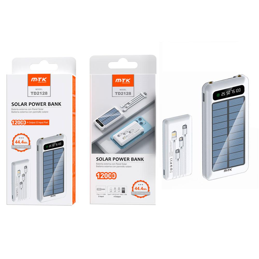 PowerBank TD2128 Panel Solar / Type-C / USB / 12000 mah / Type-c / MicroUsb / Usb / Iphone 14 / Blanco / MTK / 0251282
