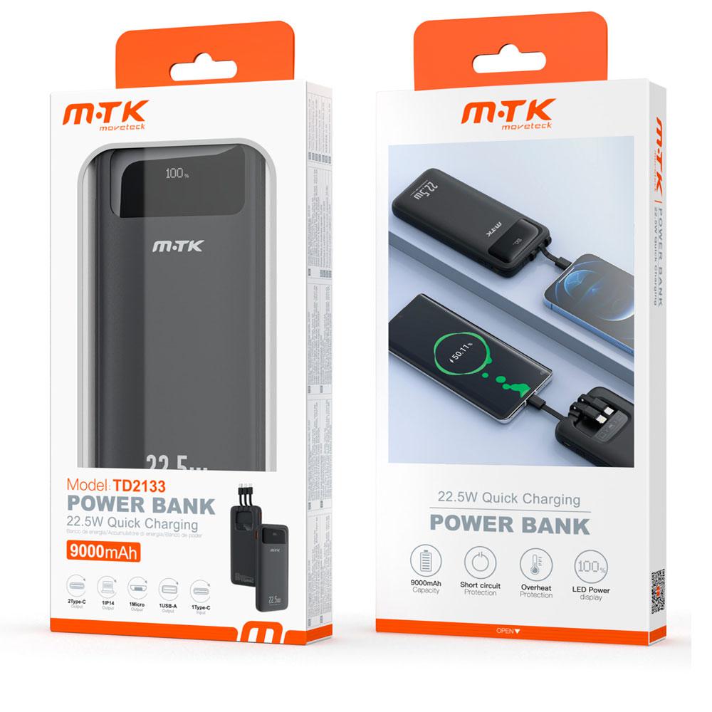 PowerBank TD2133 Type-C / 9000 mah / 2xType-c / MicroUsb / Usb / QC 22.5w / Negro / MTK 0251332 - Imagen 2
