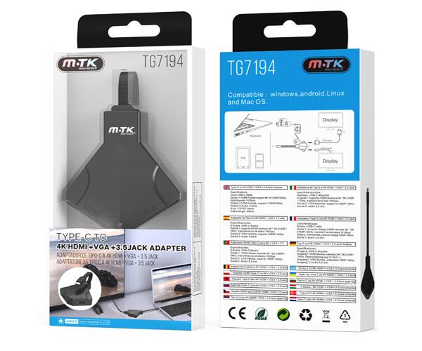Hub adaptador Type-C a Hdmi 4K - Vga 1080P / Audio 3.5mm / TG7194 / Gris / Mtk - Imagen 2