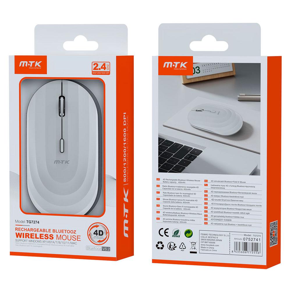 Raton inalámbrico recargable Wave TG7274 / RF 2.4Ghz / Bluetooth 5.2 / 1600 dpi / 400mah / Blanco / MTK - Imagen 2