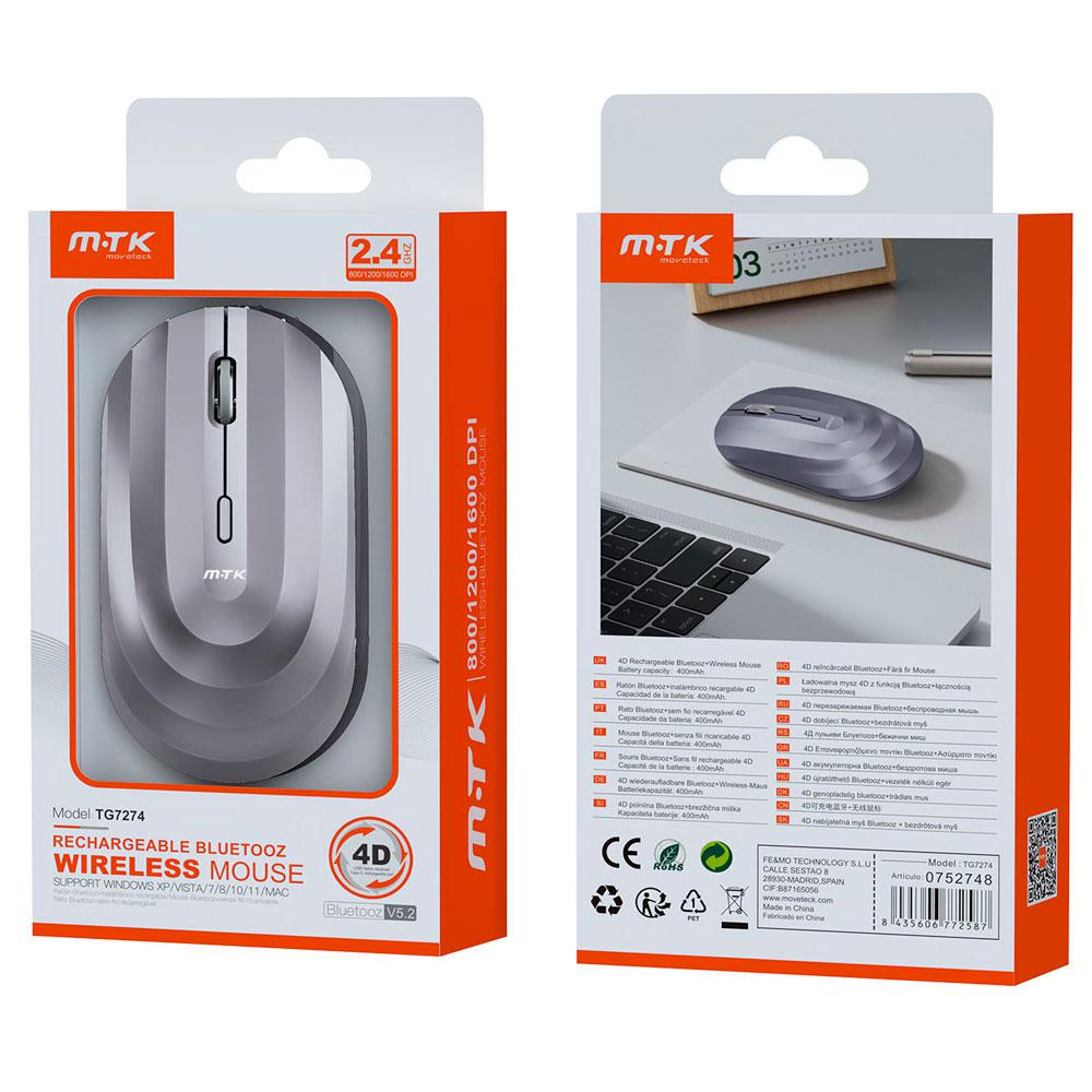Raton inalámbrico recargable Wave TG7274 / RF 2.4Ghz / Bluetooth 5.2 / 1600 dpi / 400mah / Plata / MTK - Imagen 2