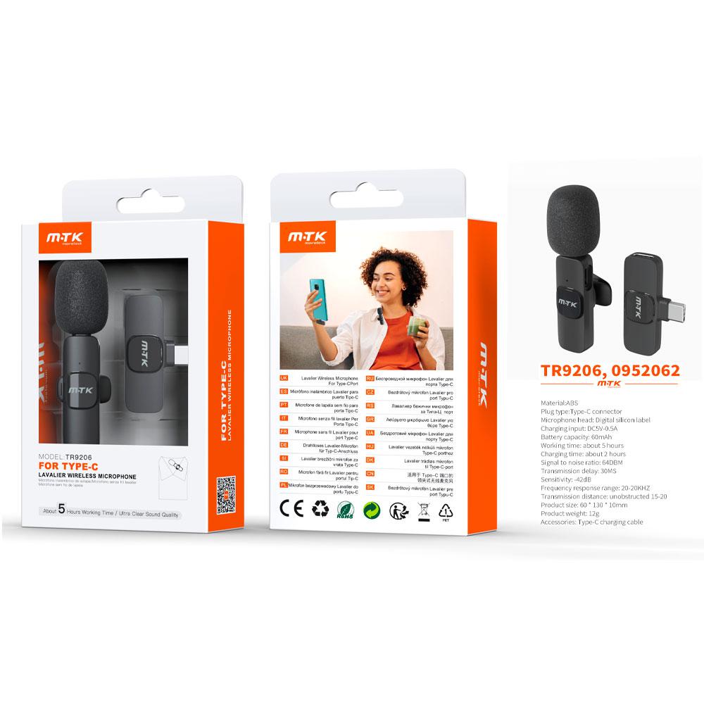 Microfono mini Bluetooth con clip TR9206 / Type-C / Bateria 60 mAh / Negro / MTK / 0952062