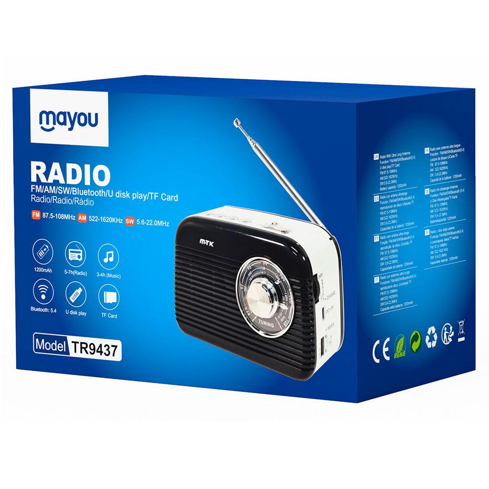 Radio portatil Am-Fm Bluetooth 5.4 con Antena TR9437 / Altavoz externo / Mp3 MicroSD - Usb / Negro / Mayou / 0954372 - Imagen 2
