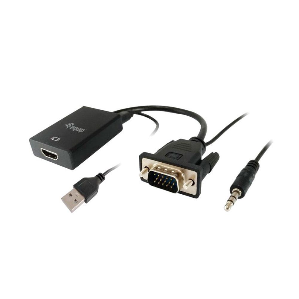Cable adaptador VGA a HDMI M/H + Audio + Usb / Negro / Equip 119038