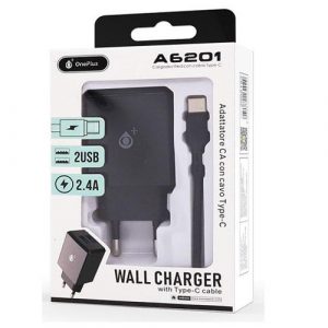 Cargador de red Usb x2 + Cable Type-C / 12w / Negro / A6201 / One+