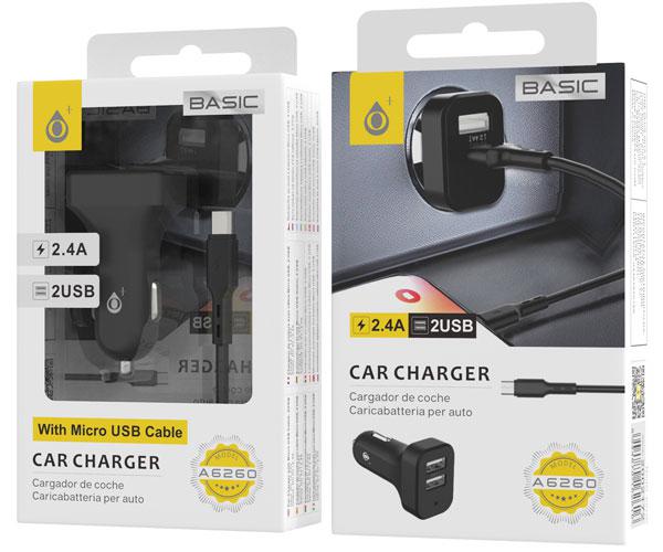 Cargador de coche-mechero con cable Micro USB / 2xUsb / 5v 2.4a / A6260 / Negro / One+ - Imagen 2