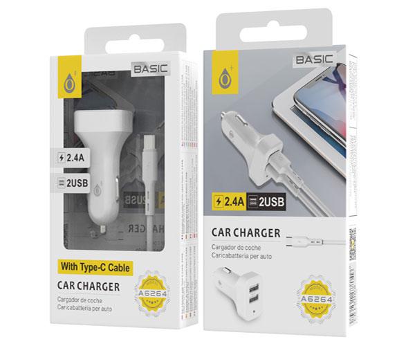 Cargador de coche-mechero con cable Type-C / 2xUsb / 5v 2.4a / A6264 / Blanco / One+ - Imagen 2