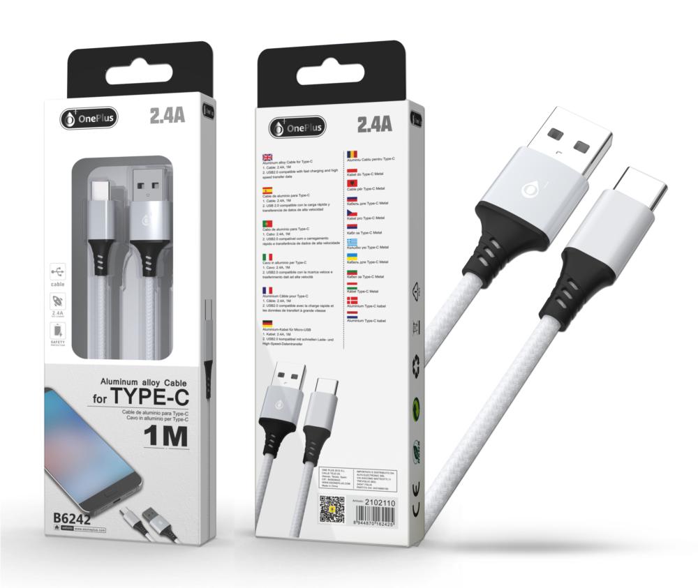 Cable datos USB 2.0 a Type-C / 1m / 2.4a / Aluminio / B6242 / Blanco / ONE+