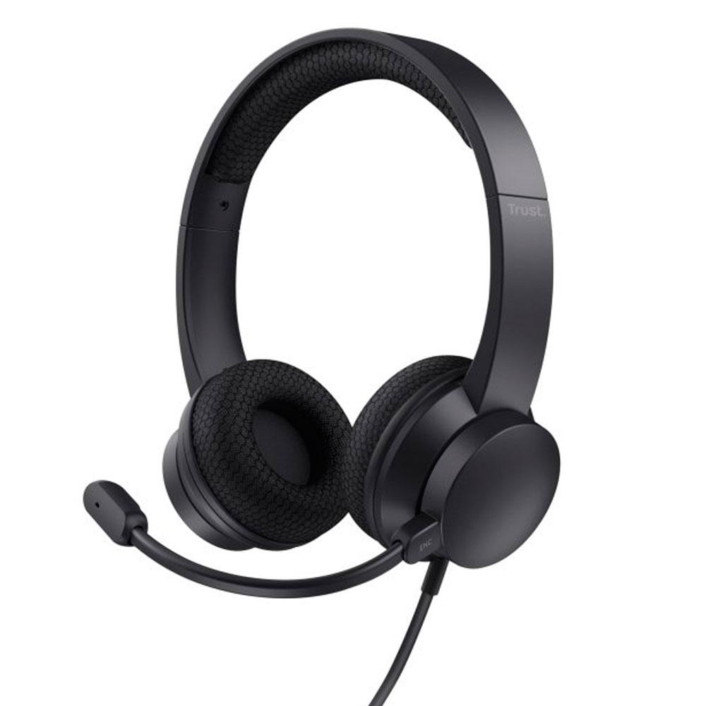 Auriculares Diadema Trust HS-260 / Usb / Cancelacion de ruido / Microfono plegable / Adaptador Type-C / Negro / 25334