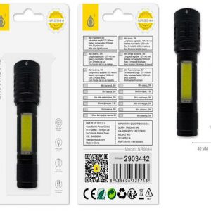 Linterna LED NR9344 / luz lateral / funcion zoom / 3 modos de luz / Bateria recargable 1200mAh / Negro
