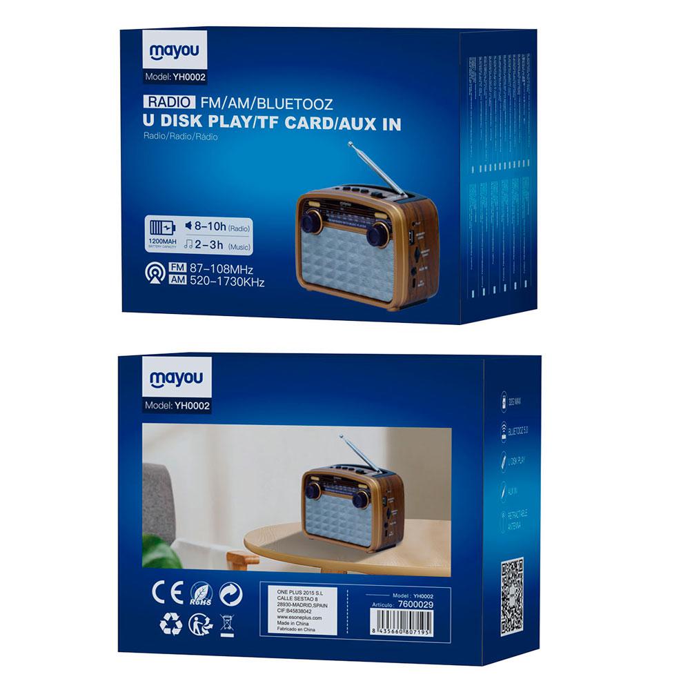Radio portatil Am-Fm Bluetooth 5.0 con Antena YH0002 / 1200Mah / Altavoz externo / Mp3 MicroSD - Usb / Aux / Mayou / 7600029 - Imagen 2