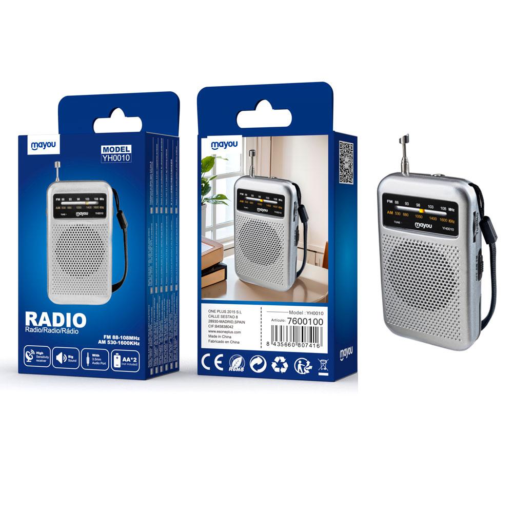 Radio portatil Am-Fm con Antena YH0010 / Altavoz externo / Jack 3.5mm / Plata / Mayou / 7600100