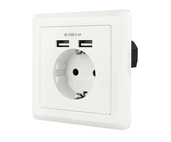 Base de enchufe de pared tipo schuko con 2 tomas USB Max. 2.4A, blanca / C-10.35.0010