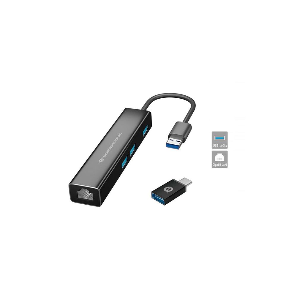 Hub adaptador Type-C a 3x USB 3.0 + Ethernet Gigabit Rj45 / Adaptador Usb-c / Conceptronic / DONN07BA
