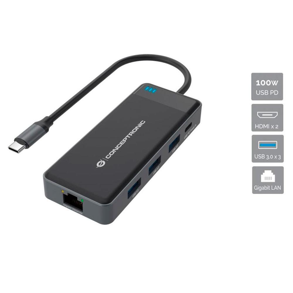Hub Adaptador Type-C 7 en 1 Conceptronic / 2x Hdmi / 3x Usb 3.2 / 1x Type-c 100w PD / 1x LAN Gigabit / DONN14G