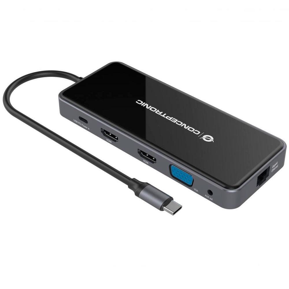 Hub Adaptador Type-C 12 en 1 Conceptronic / 2x Hdmi / Vga / MicroSD/TF / 3x Usb 3.2 / LAN Gigabit / DONN15G - Imagen 2
