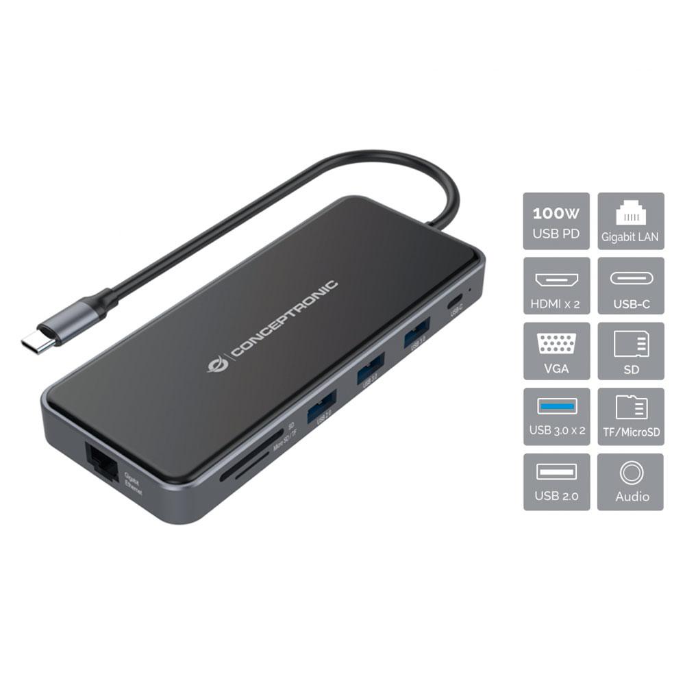 Hub Adaptador Type-C 12 en 1 Conceptronic / 2x Hdmi / Vga / MicroSD/TF / 3x Usb 3.2 / LAN Gigabit / DONN15G