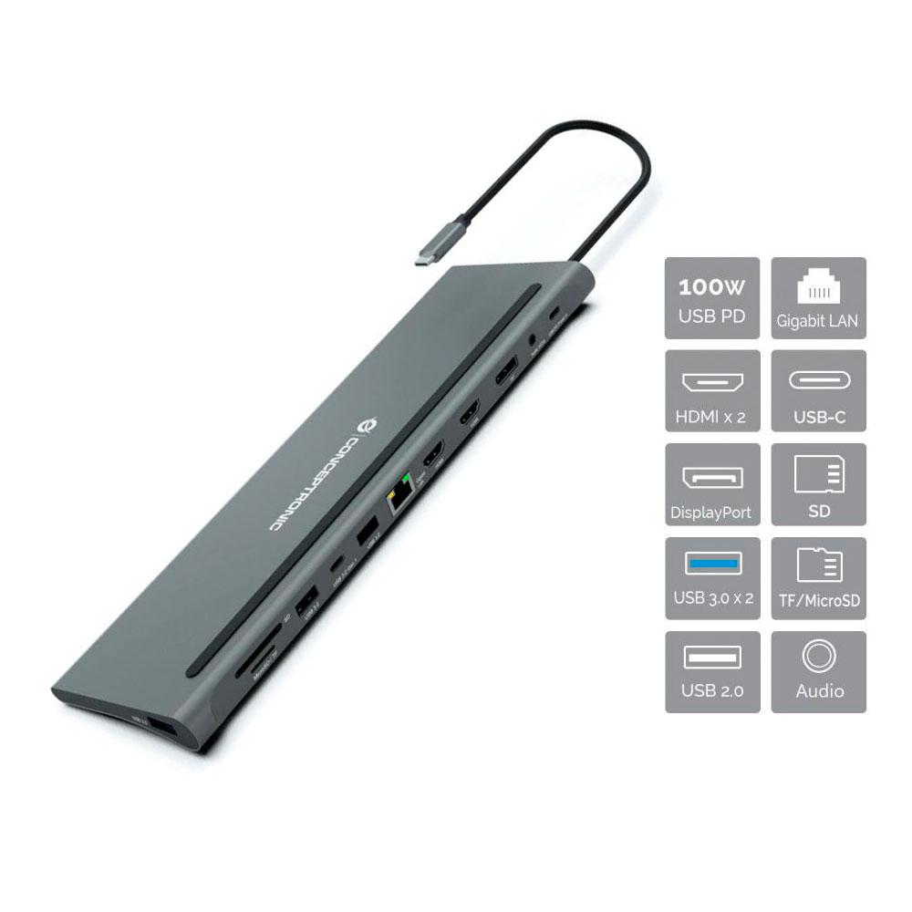 Hub Adaptador Type-C 12 en 1 Conceptronic / 2x Hdmi / DP / Type-C PD 100w / 2x Usb 3.0 / LAN Gigabit / DONN17G