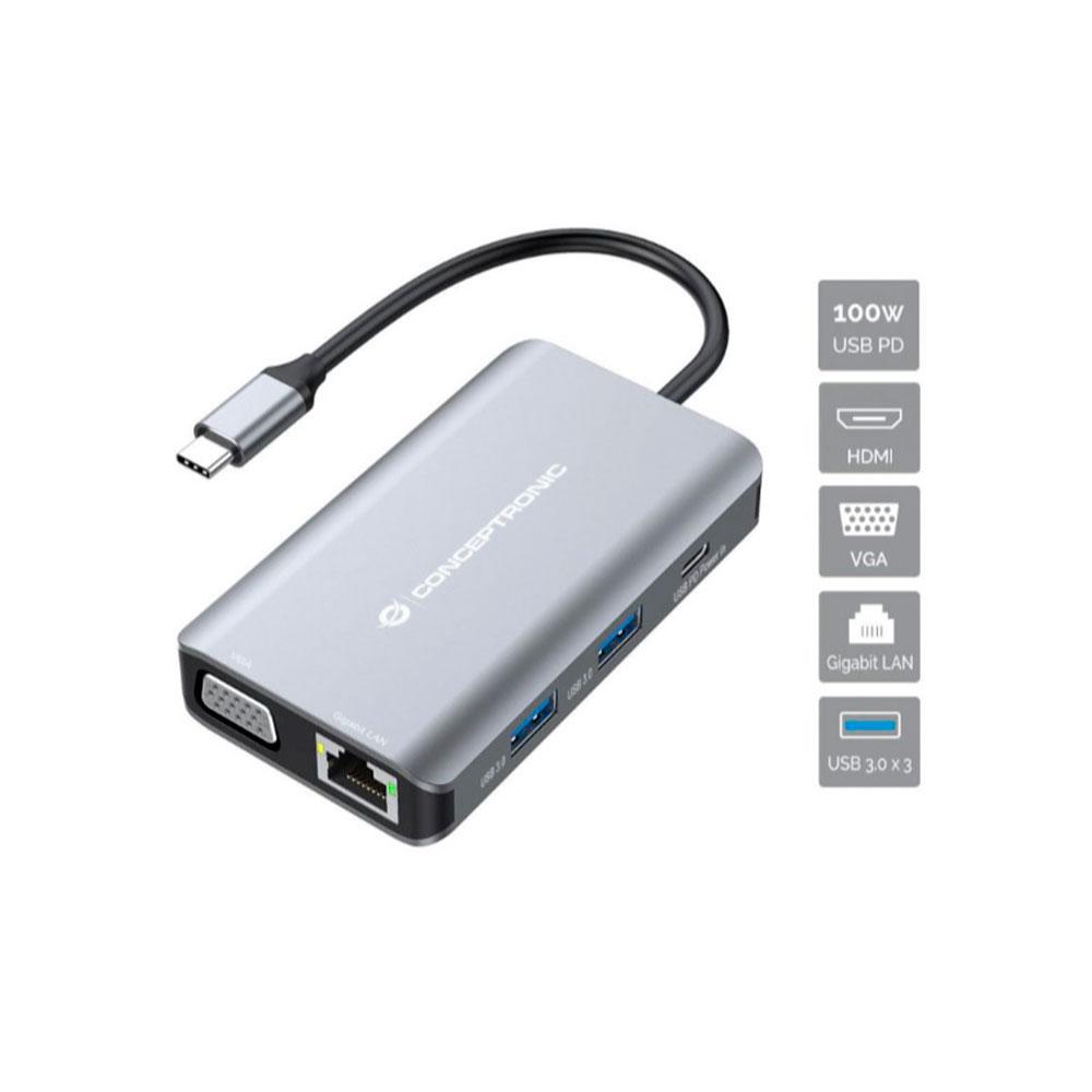 Hub Adaptador Type-C 7 en 1 Conceptronic / Hdmi / VGA / Type-c / Usb 3.0 / LAN / DONN21G