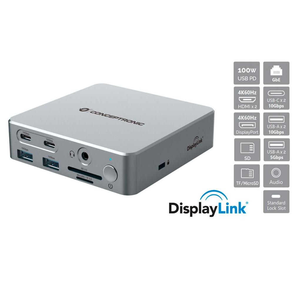 Docking Type-C 15 en 1 Conceptronic 100W PD / 2x Hdmi 4K / 2x Usb 3.2 / 2x Type-C / MicroSD / Jack 3.5mm / LAN Gigabit / DONN25G - Imagen 5