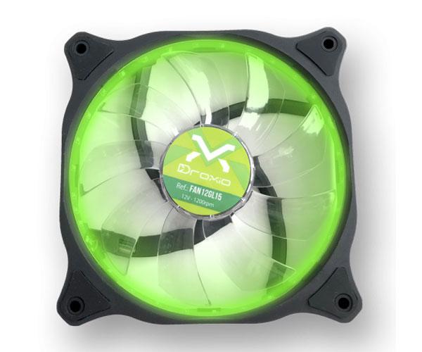 Ventilador caja Gaming Droxio 12x12cm / 15 Leds Verde / Silencioso / 3-4 Pines / 120mm FAN12GL15