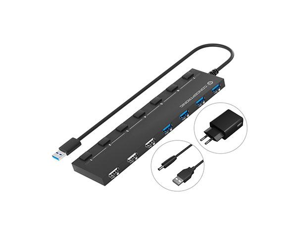 Hub 7 puertos Usb Conceptronic HUBBIES / Alimentado / 3x USB 2.0 / 4x USB 3.0 / Negro / HUBBIES09BP