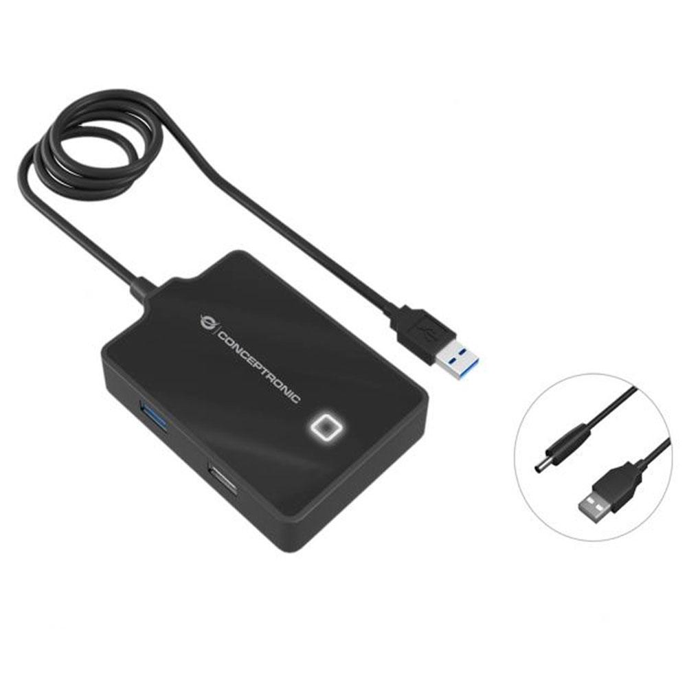 Hub 4 puertos Usb 3.0 Conceptronic HUBBIES10B / Cable 90 cm / Alimentado / Negro