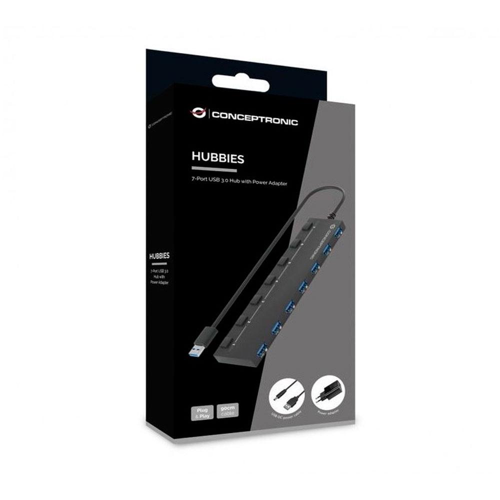 Hub 7 puertos Usb 3.2 Conceptronic / Alimentado / Con interrutores / incluye cargador / Negro / HUBBIES19BP - Imagen 2