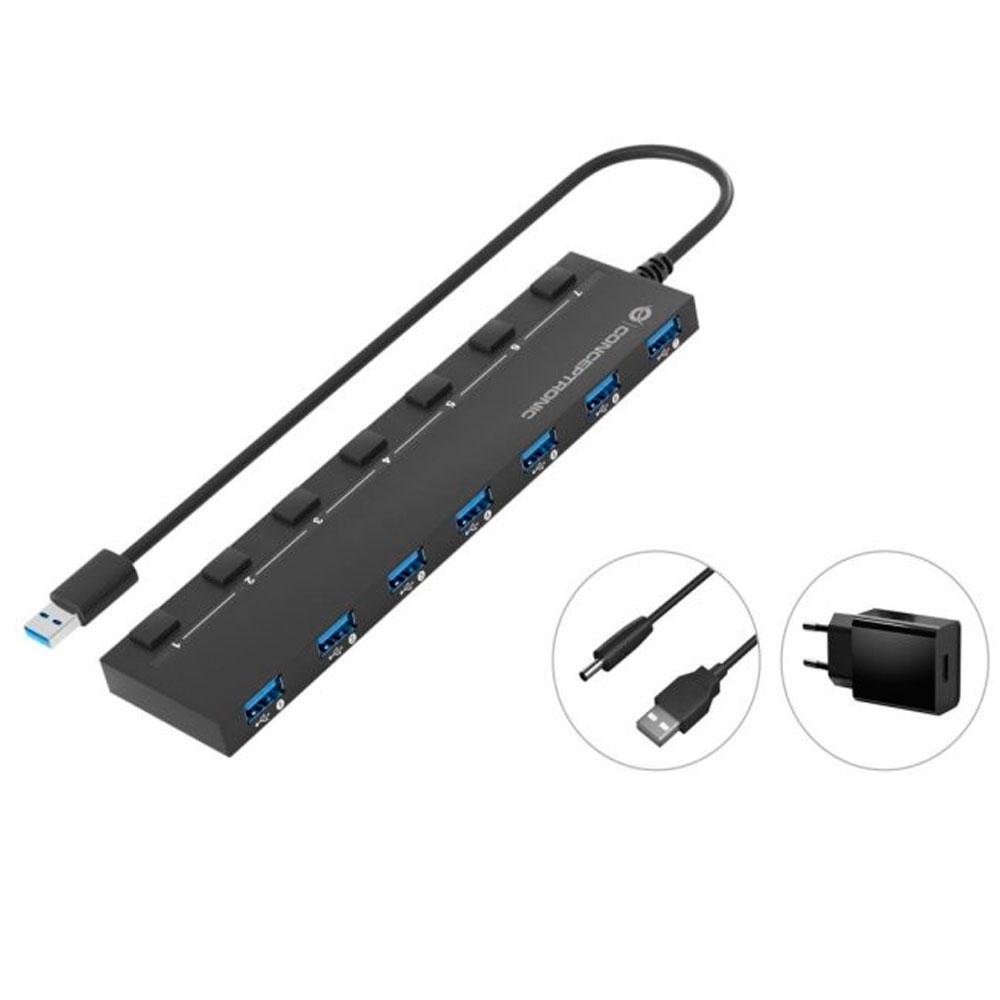 Hub 7 puertos Usb 3.2 Conceptronic / Alimentado / Con interrutores / incluye cargador / Negro / HUBBIES19BP