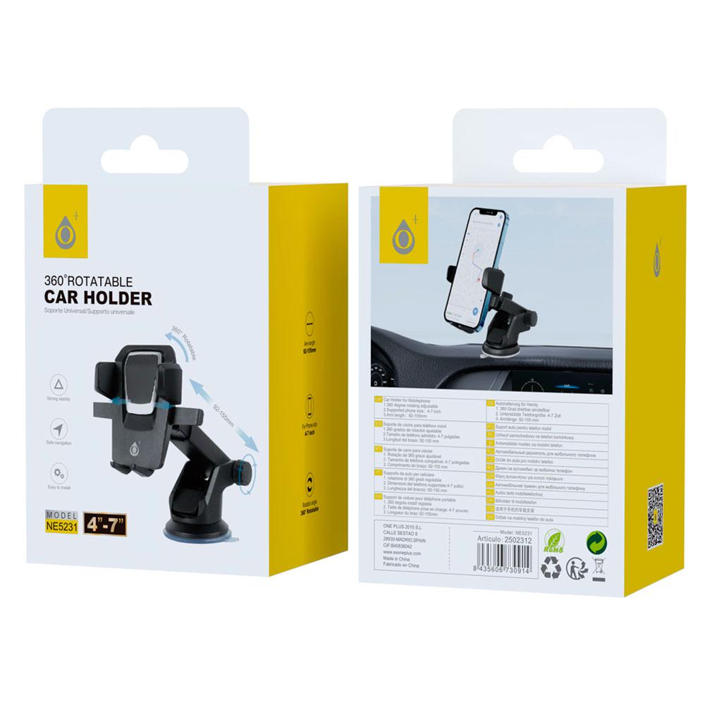 Soporte de coche para Smartphone salpicadero - parabrisas NE5231 / Brazo extensible 92-155mm / 360 Grados / Negro / One+ - Imagen 2