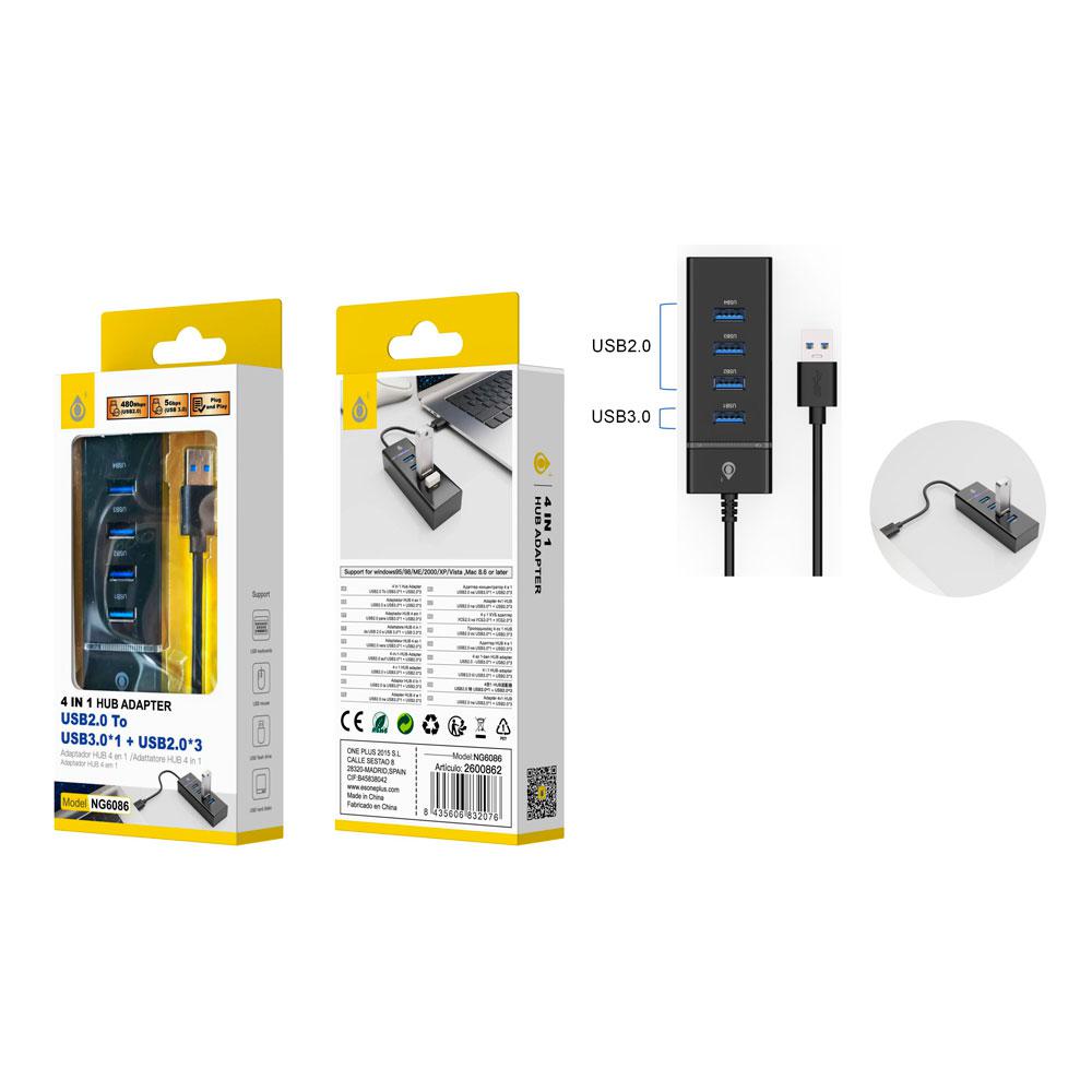 Hub 4 puertos USB NG6086 / 3x Usb 2.0 / 1x Usb 3.0 / Funcion OTG / Negro / ONE+ / 2600862