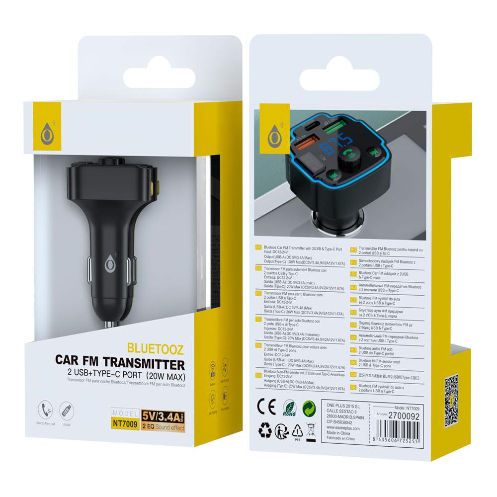 Transmisor FM NT7009 / Bluetooh 5.1 / Manos libres / 2xUSB 5v 3.4a / Type-C PD 20w / Negro / One+ / 2700092 - Imagen 2
