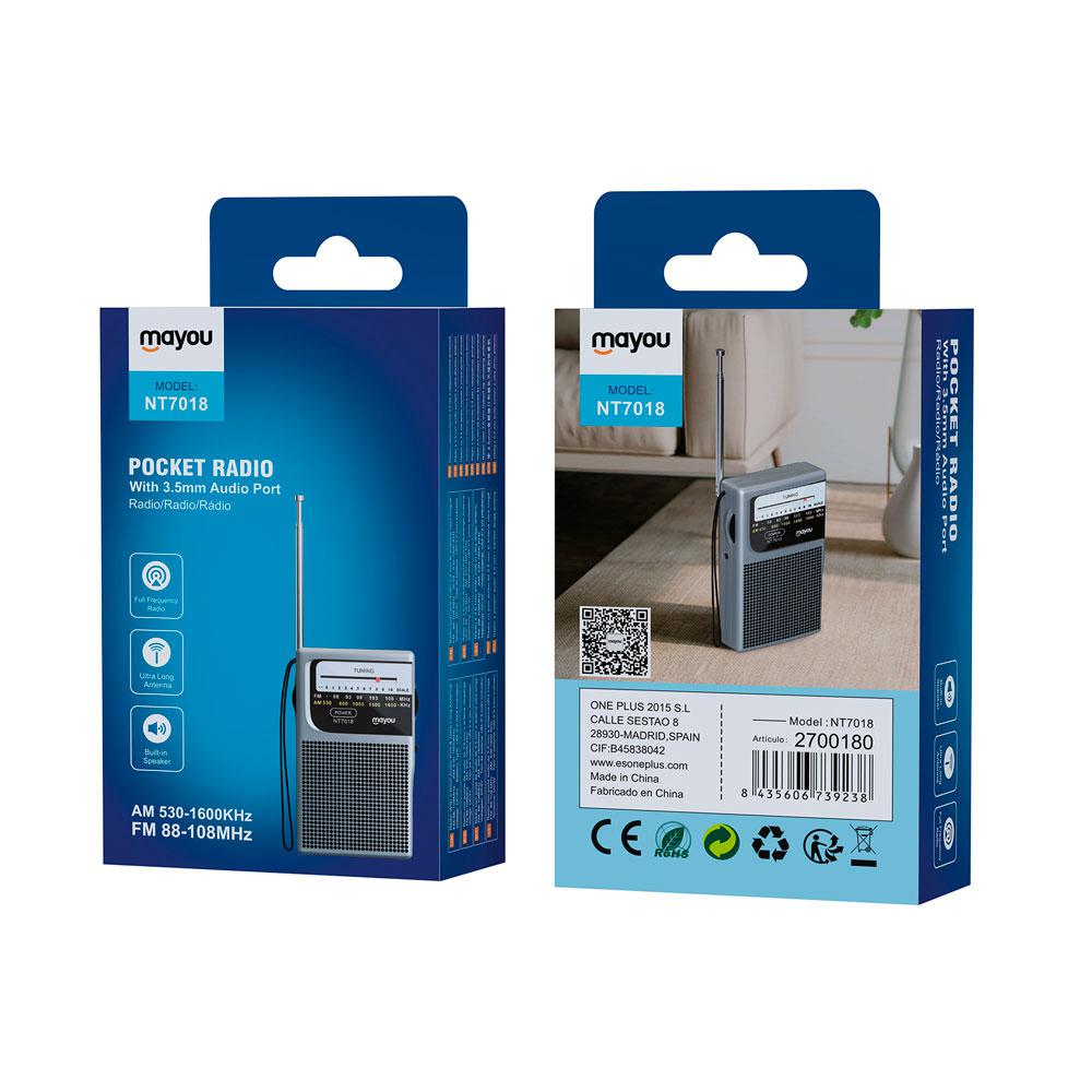 Radio portatil Am-Fm con Antena NT7018 / Altavoz externo / Jack 3.5mm / Negro / Mayou - Imagen 2