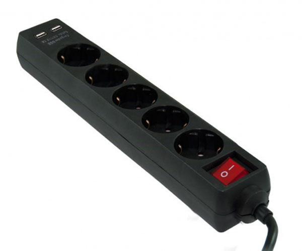 Regleta 5 tomas + 2x USB 2.1a / 3go / proteccion antipicos / negra / REG5USB