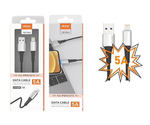 Cable datos USB 2.0 a Lightning iPhone 8-14 / 1m / 5a / Carga rapida / TB1281 / Plata / One+