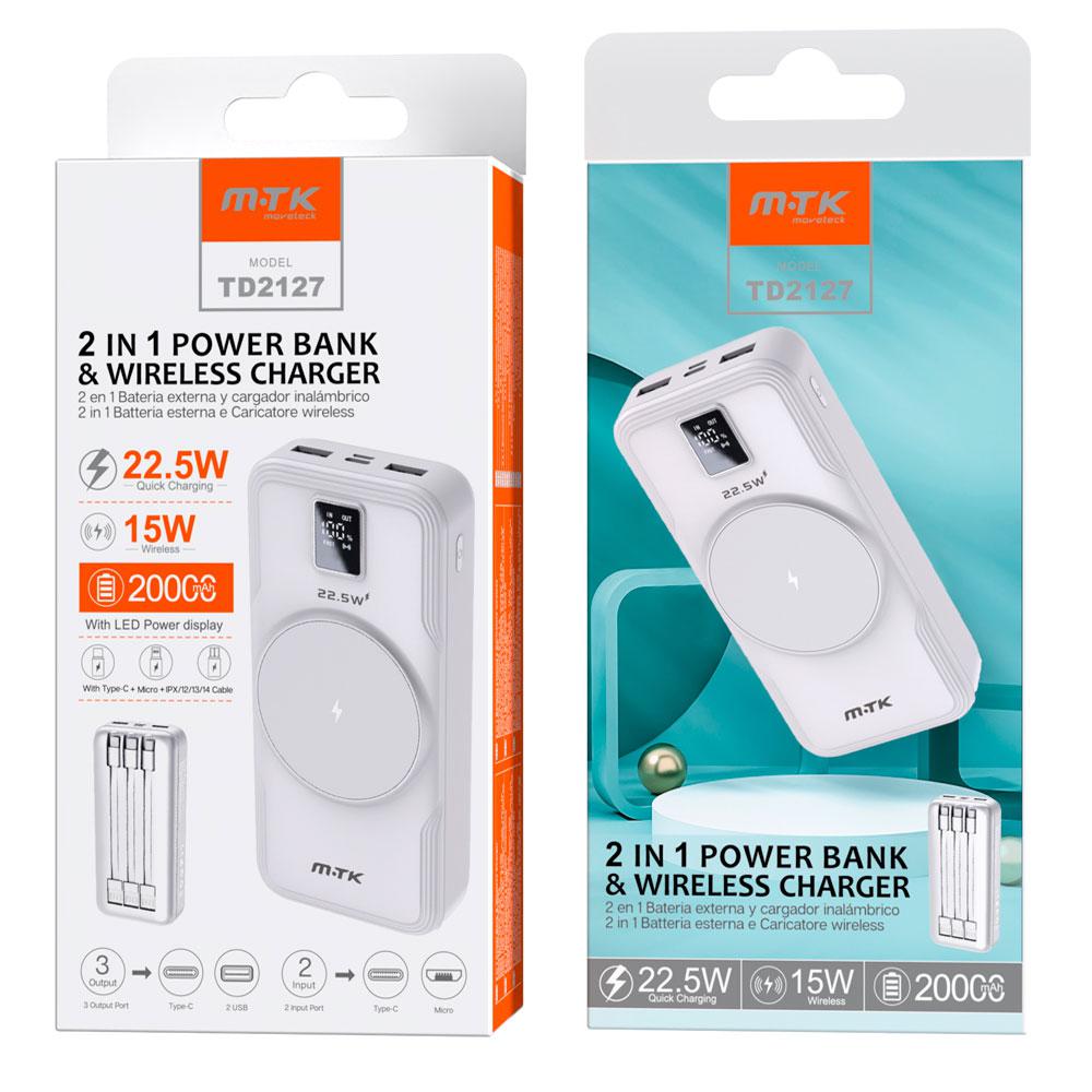 PowerBank TD2127 Type-C / 20000 mah / 1xType-c / Carga inalambrica QI 15w / Usb / QC 22.5w / Blanco / MTK 0251271 - Imagen 2