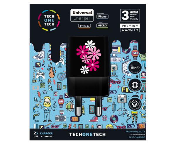 Cargador de red Usb x2 / 12w / Be Original Black Flower Power / TEC2601