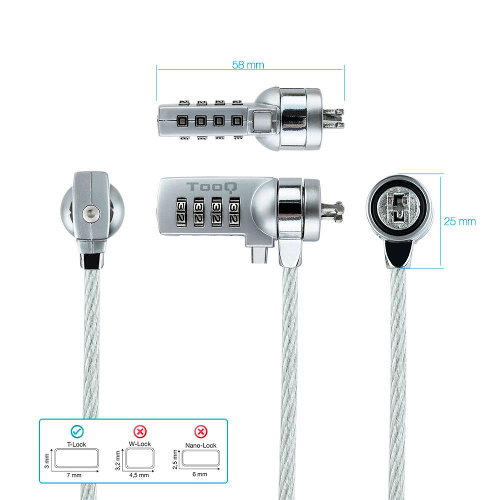 Cable de seguridad para portatil con combinacion / 1.5 m / Gris / Tooq / TQCLKC0015 - Imagen 2