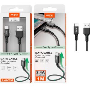 Cable datos USB 2.0 a Type-C / 1m / 2.4a / Aluminio / Trenzado / Bt763 / Negro / MTK