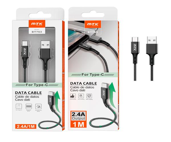 Cable datos USB 2.0 a Type-C / 1m / 2.4a / Aluminio / Trenzado / Bt763 / Negro / MTK